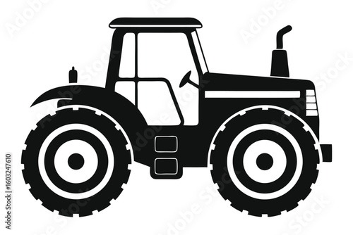 Black Tractor Illustration Farm Vehicle with Large Wheels, Cabin, and Chimney Depicted Sideways