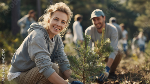 Happy Volunteers Planting Trees Together in a Community Reforestation Effort