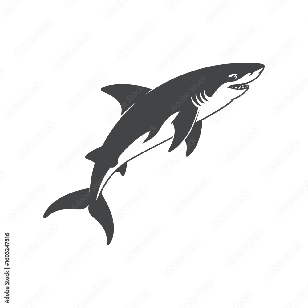 Obraz premium Shark Silhouette Vector Illustration Swimming in the Ocean, Marine Predator, Aquatic Wildlife, Sea Animal, Dangerous Fish, Black and White Design