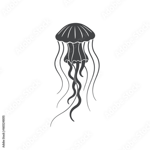 Jellyfish Silhouette Vector Illustration Floating in the Ocean, Marine Invertebrate, Aquatic Creature, Sea Animal, Transparent Background, Black and White