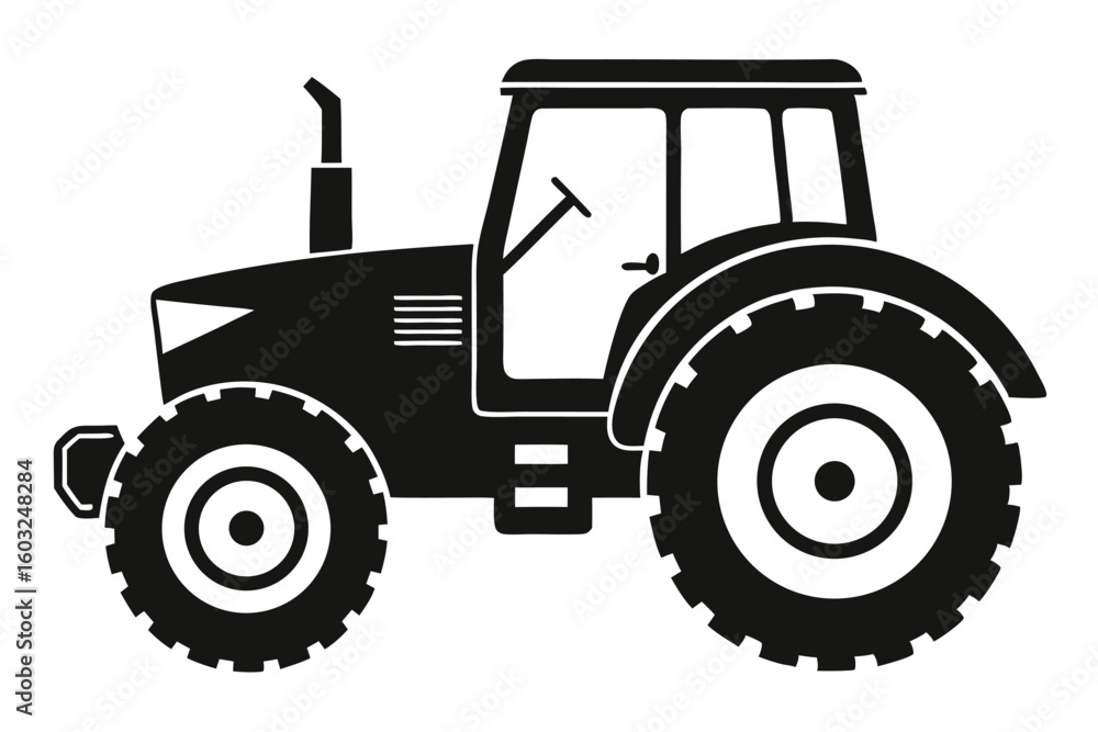 Black Silhouette of a Farm Tractor with Cab, Large Tires, and Exhaust Pipe Black Silhouette of a Farm Tractor with Cab, Large Tires, and Exhaust Pipe
