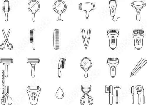 Personal grooming icon pack, beauty tools vector set, salon essentials illustrations, hair and skincare accessories graphics for web, apps, packaging, tutorials, and branding