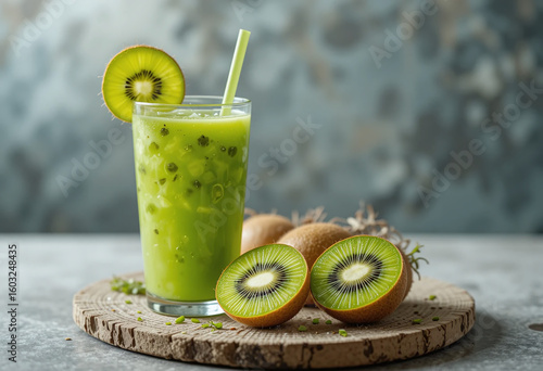 Realistic image of kiwi juice in a glass with sliced green kiwis. Perfect for menus, blogs, and healthy lifestyle food visuals