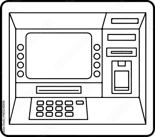 Black and white line drawing of an automated teller machine