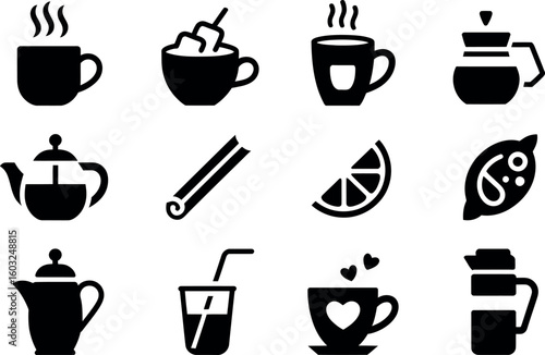 Bold Black Coffee and Tea Icons:  Cozy Beverage Set Graphics