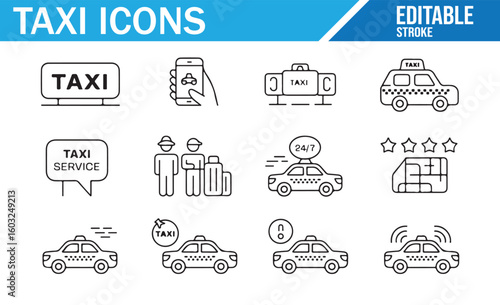 Vector collection of taxi service icons for transportation apps and ride-hailing services

