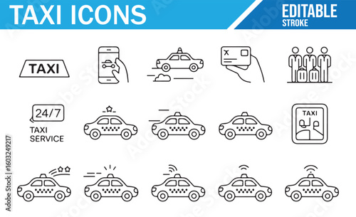 Taxi service icons with booking, vehicle types, ratings, and availability features