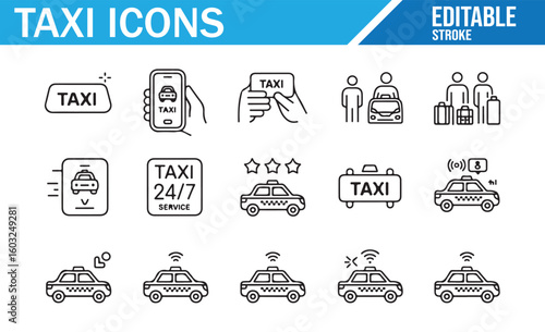 Collection of taxi and ride-sharing icons with customer reviews, app booking, and vehicles