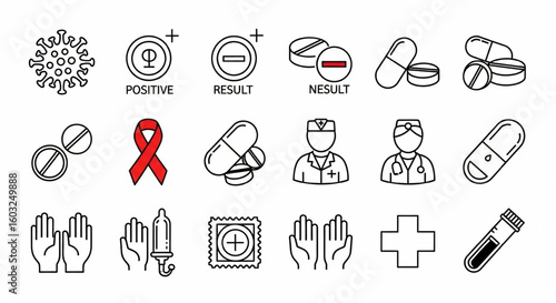 HIV and AIDS Medical Line Icon Set – Virus, Test, Ribbon, Medication, Support, Healthcare, Protection Vector

