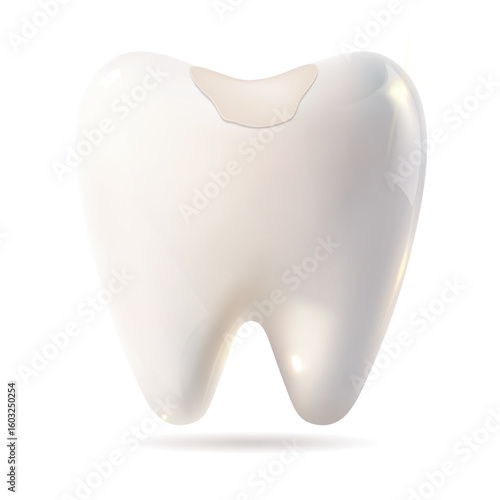 A singular, white tooth featuring a noticeable hole in its surface, placed against a completely white background, enhancing the focus on it