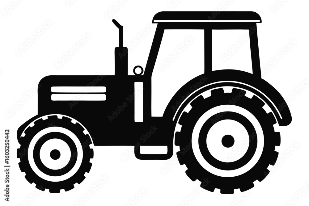 Obraz premium Bold Black Tractor Silhouette with Enclosed Cab and Detailed Treaded Wheels Design