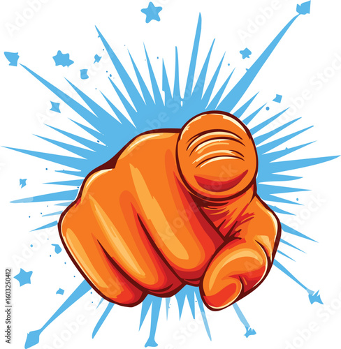 Gloved Hand Pointing Forward with Comic-Style Pop Explosion Effect
