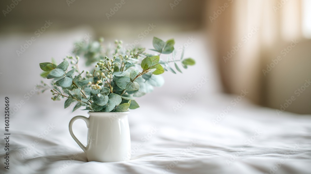 Fototapeta premium Delicate eucalyptus sprigs in a white pitcher on a bed.