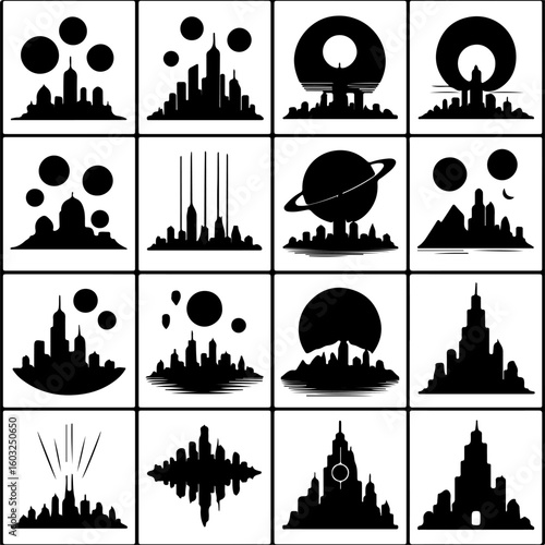 Collection of abstract black and white city skyline silhouettes with circular elements