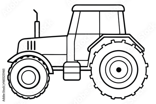 Black and White Outline Illustration of a Classic Farm Tractor Side View
