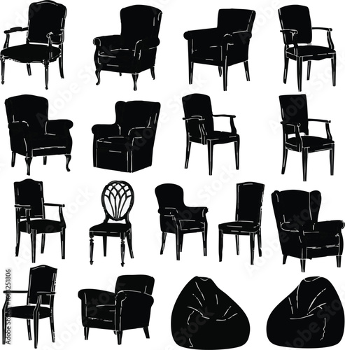Create a kinds of deferent chair vector art silhouette with white background.