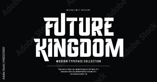 Future Kingdom: a bold modern typeface with futuristic urban flair. Featuring sharp A–Z letters in a clean, powerful style. Perfect for tech branding, digital posters, and sci-fi visuals.