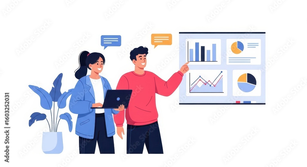 Fototapeta premium Flat illustration of Two colleagues analyzing business data on a whiteboard during a meeting discussing charts and graphs with a laptop