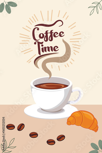 banner coffee time, cup of hot coffee, coffee beans, croissant soft pastel colors