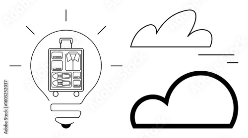 Lightbulb featuring organized luggage compartments alongside minimalist clouds. Ideal for travel, innovation, creativity, efficiency, planning, organization, simple landing page