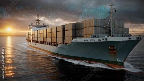 Majestic Cargo Ship Sailing Forward Into the Ocean at Sunset with Container Stacks and Global Map Overlay
