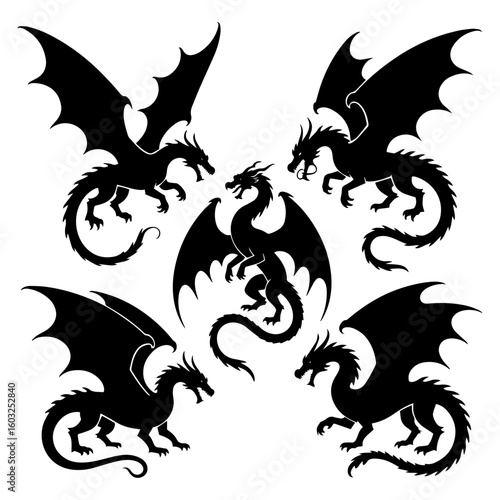 Legendary Dragon Silhouette Set – Fantasy Vector Icons on White Background