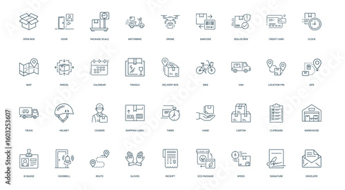 collection courier line icons delivery logistics services, Carton Hand Warehouse Clipboard
