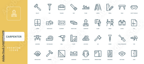 collection carpenter line icons tools equipment items for woodworking, File Bench Gloves Clamp