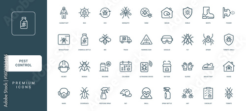 collection pest control line icons, truck hazmat building suit house