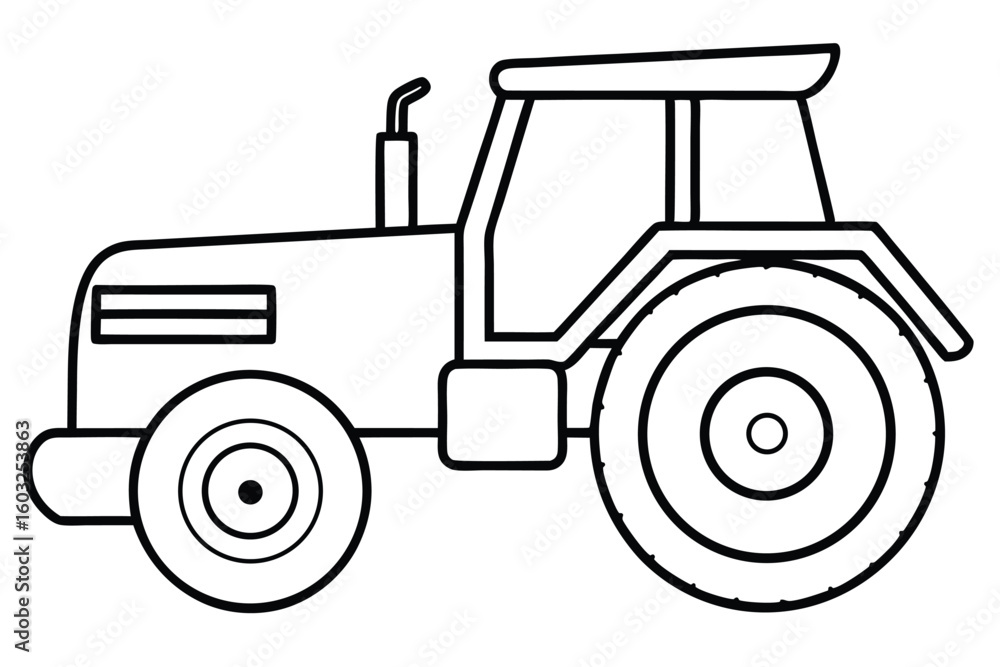 Obraz premium Simple Outlined Tractor Vehicle with Cabin, Chimney, and Large Wheels Illustration Style Image