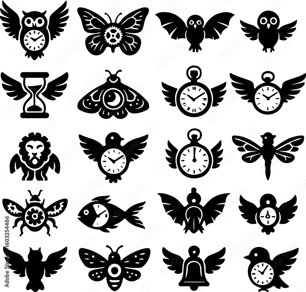 Fototapeta premium Set of black vector butterfly silhouettes collection with wings flying nature insect design icons