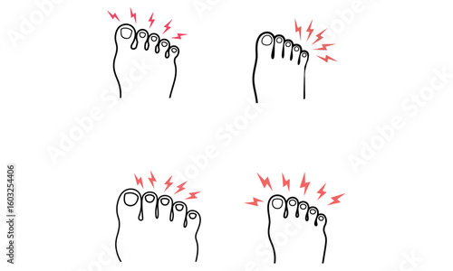 Toe pain medical icons for foot injury and health care problem illustration
