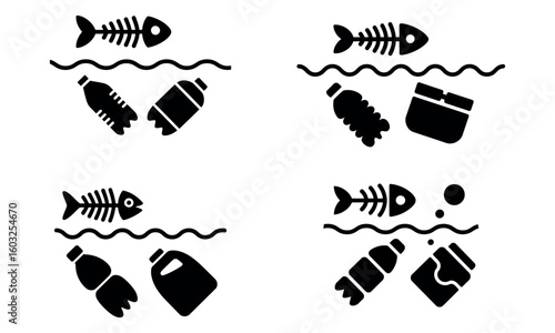 Water pollution icons with plastic waste and dead fish for environmental awareness design
