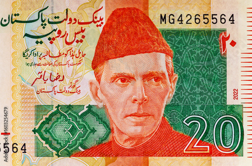 20 Rupees Pakistan Banknote with Portrait Muhammad Ali Jinnah. Paper money of Pakistan.