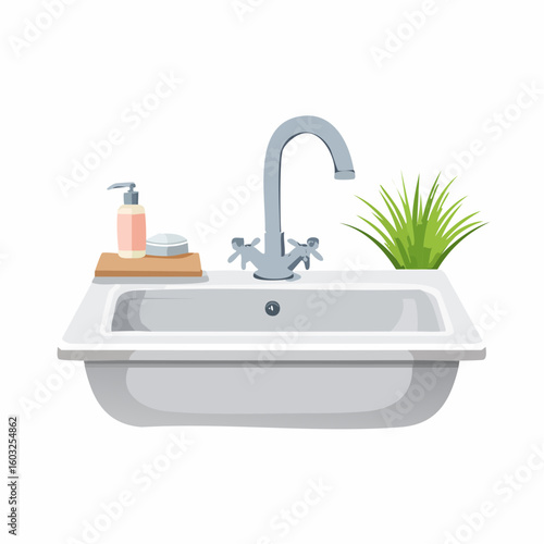 Sink with soap dish – Ceramic soap tray beside the faucet with a wet bar.
