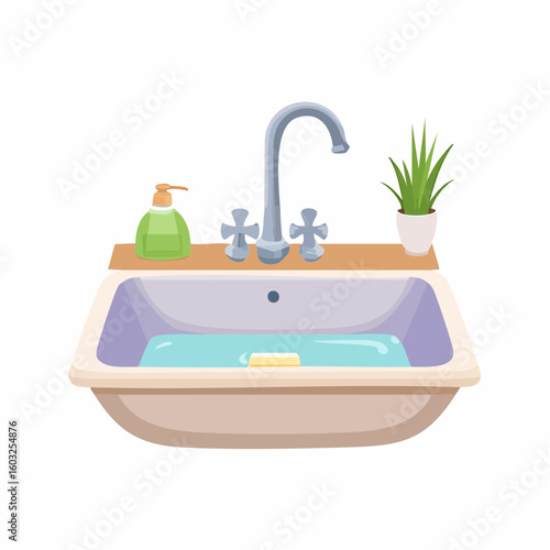 Sink with soap dish – Ceramic soap tray beside the faucet with a wet bar.
