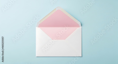 Open white envelope with soft pink liner on a pale blue background