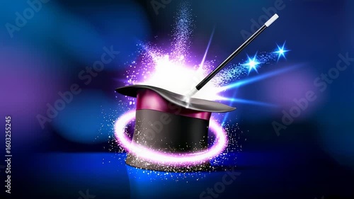 Magic hat with wand and sparkling effects, creating a sense of wonder and illusion in a vibrant, colorful setting