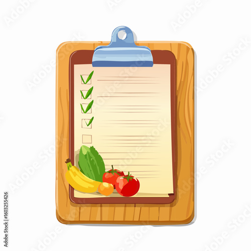 Grocery list on clipboard – Paper list clipped under a small wooden board.
