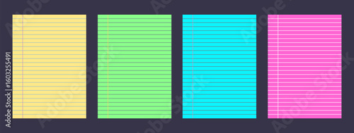 Set of lined legal pad paper. Blue, yellow, green, pink a4 notepad sheet. Vibrant templates for memo.