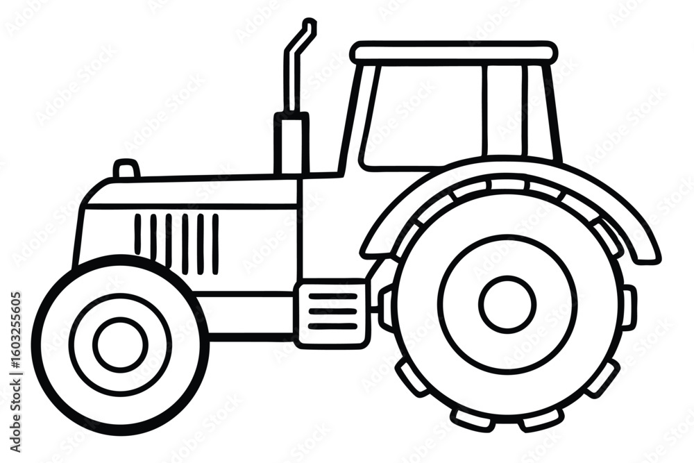 Obraz premium Cartoon Tractor with Large Wheels and Exhaust Pipe, Simple Outline Illustration