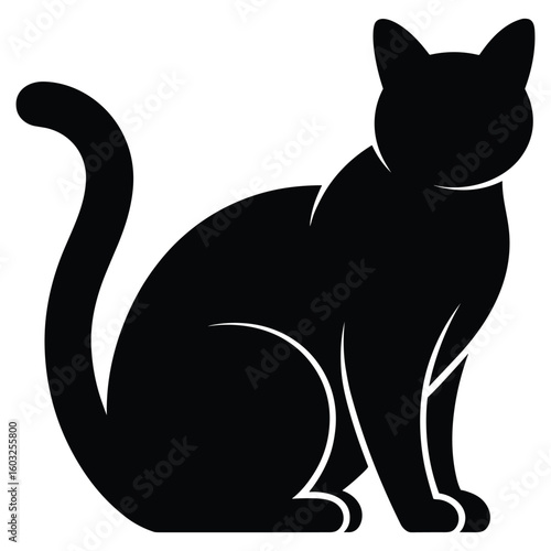 Black cat sitting silhouette with curled tail