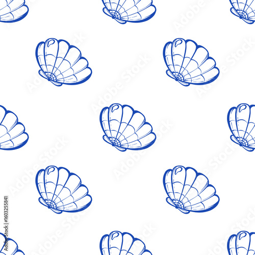 Seashell seamless pattern, outline sea shells, sea digital paper