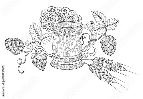 Vector illustration with wooden beer mug with hops and rye ears — black and white doodle style illustration for beer projects
