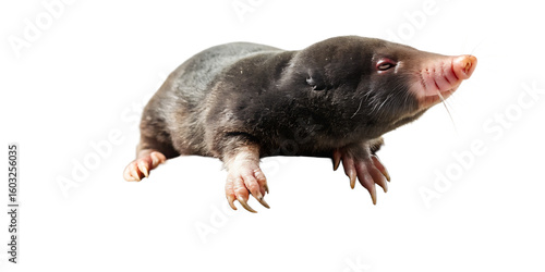 Side view of a dark gray mole with pink nose and white whiskers digging isolated on a transparent background
