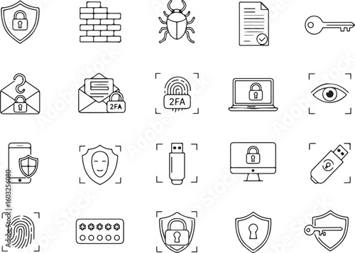 Cybersecurity protection icon set, digital safety symbols, network defense visuals, 2FA authentication, secure access, password lock, encryption tools, privacy shield, virus scan, malware firewall