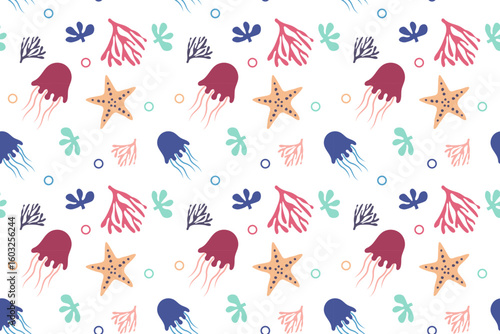 Seamless pattern of jellyfish and starfish on a white background. Vector illustration