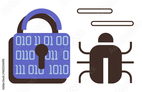 Padlock over binary code signifying data security and a bug representing malware threat. Ideal for cybersecurity, hacking, data protection, software vulnerability, coding, encryption, simple flat