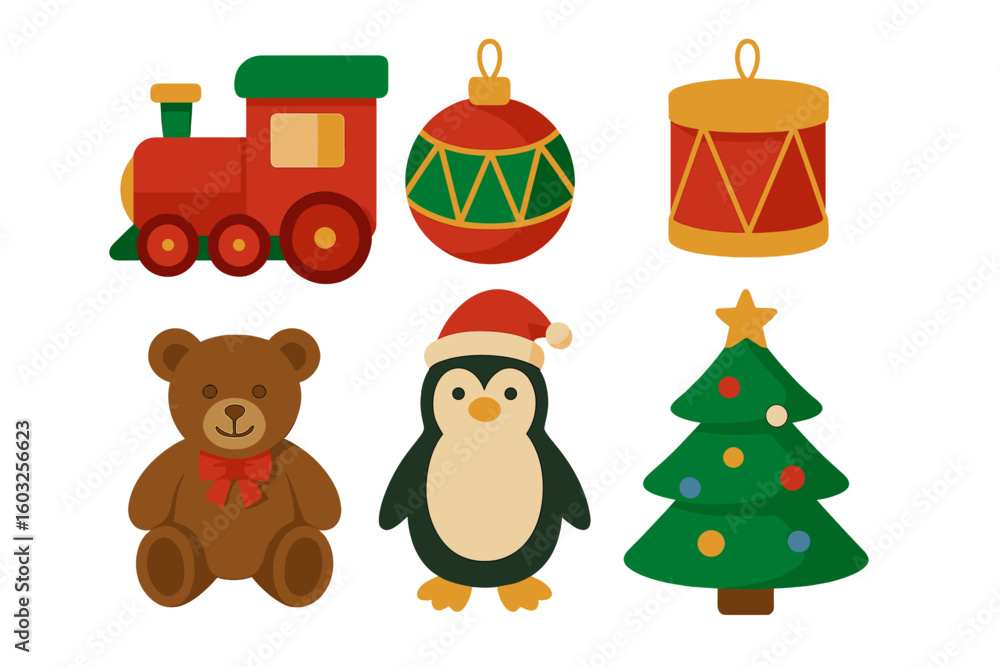 Fototapeta premium A large vintage-style Christmas collection featuring traditional holiday and New Year's elements, presented as vector illustration EPS10 decorative toys