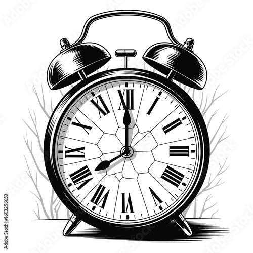 Retro alarm clock illustration showing twelve oclock with branches in background in black and white illustration style